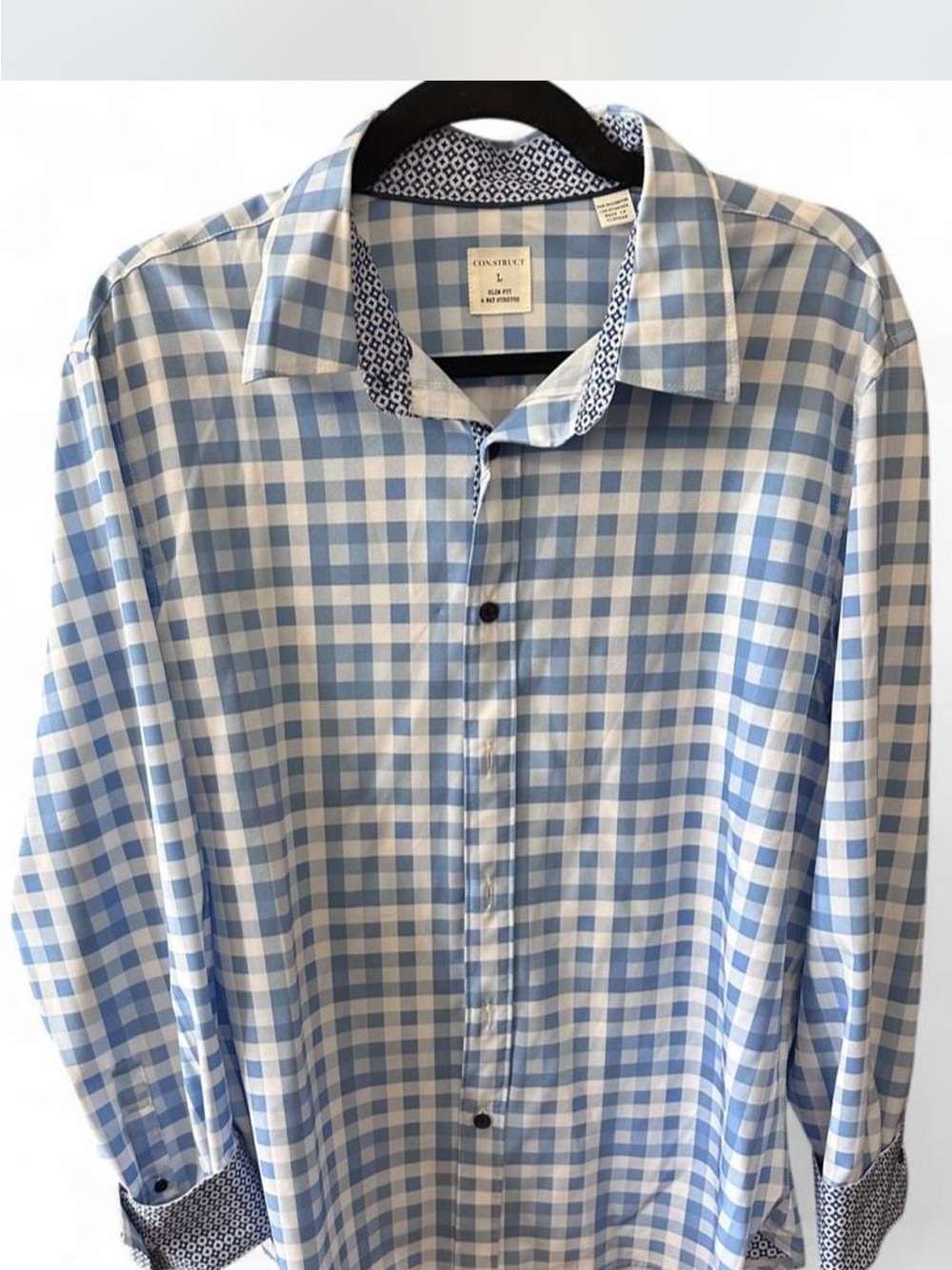 NWT Men's Blue Gingham Dress Shirt with Patterned Trim Detail - Size Large - Picture 2 of 6